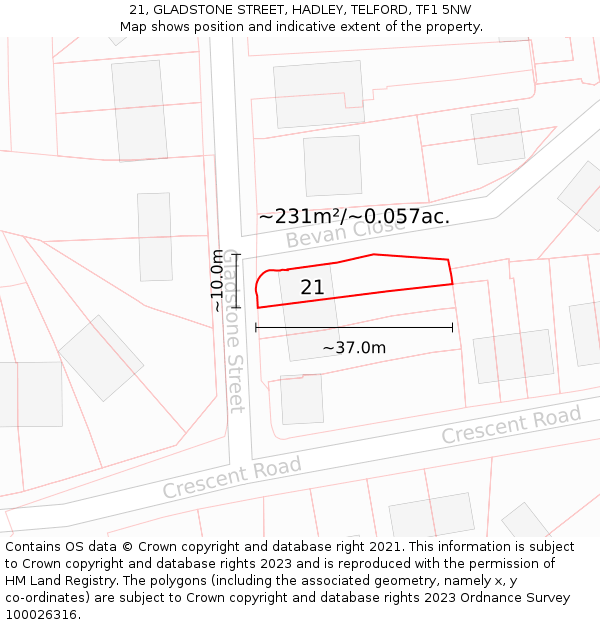 21, GLADSTONE STREET, HADLEY, TELFORD, TF1 5NW: Plot and title map