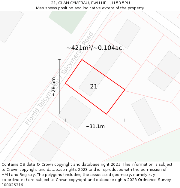 21, GLAN CYMERAU, PWLLHELI, LL53 5PU: Plot and title map