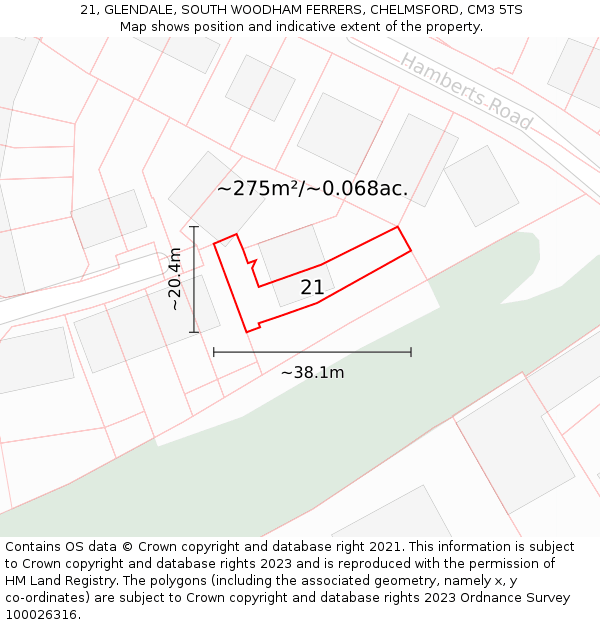 21, GLENDALE, SOUTH WOODHAM FERRERS, CHELMSFORD, CM3 5TS: Plot and title map