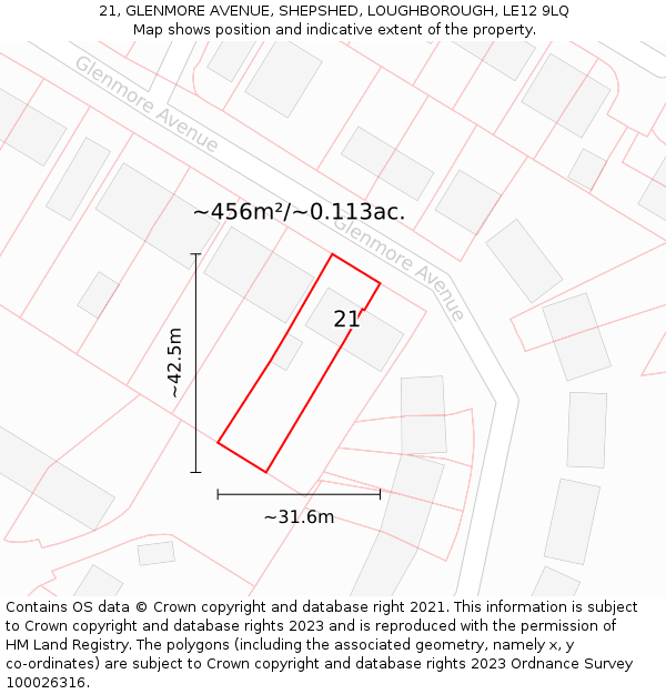 21, GLENMORE AVENUE, SHEPSHED, LOUGHBOROUGH, LE12 9LQ: Plot and title map
