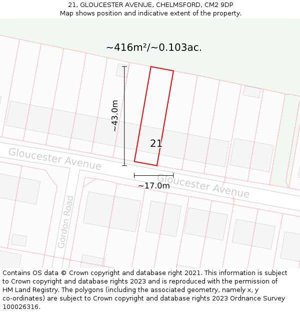 21, GLOUCESTER AVENUE, CHELMSFORD, CM2 9DP: Plot and title map