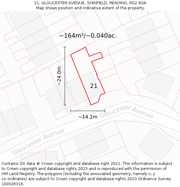 21, GLOUCESTER AVENUE, SHINFIELD, READING, RG2 9GA: Plot and title map