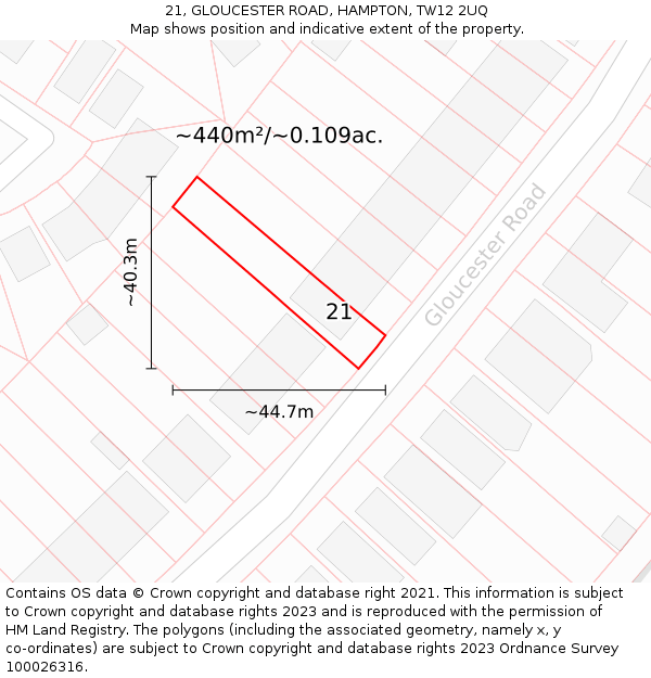21, GLOUCESTER ROAD, HAMPTON, TW12 2UQ: Plot and title map