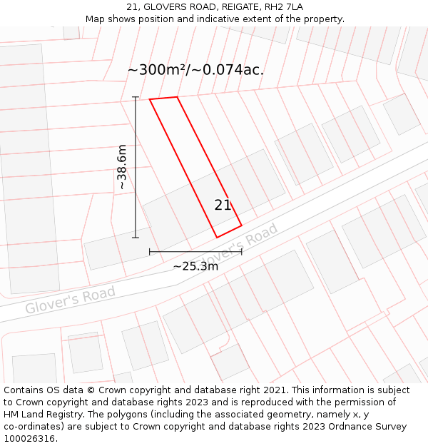 21, GLOVERS ROAD, REIGATE, RH2 7LA: Plot and title map