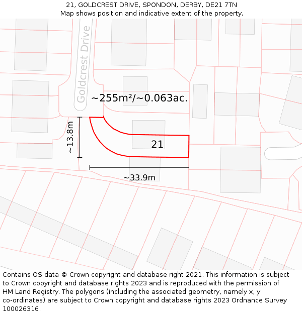 21, GOLDCREST DRIVE, SPONDON, DERBY, DE21 7TN: Plot and title map