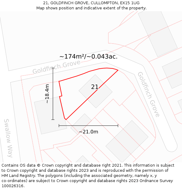 21, GOLDFINCH GROVE, CULLOMPTON, EX15 1UG: Plot and title map