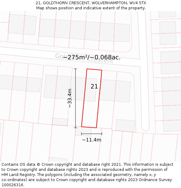 21, GOLDTHORN CRESCENT, WOLVERHAMPTON, WV4 5TX: Plot and title map