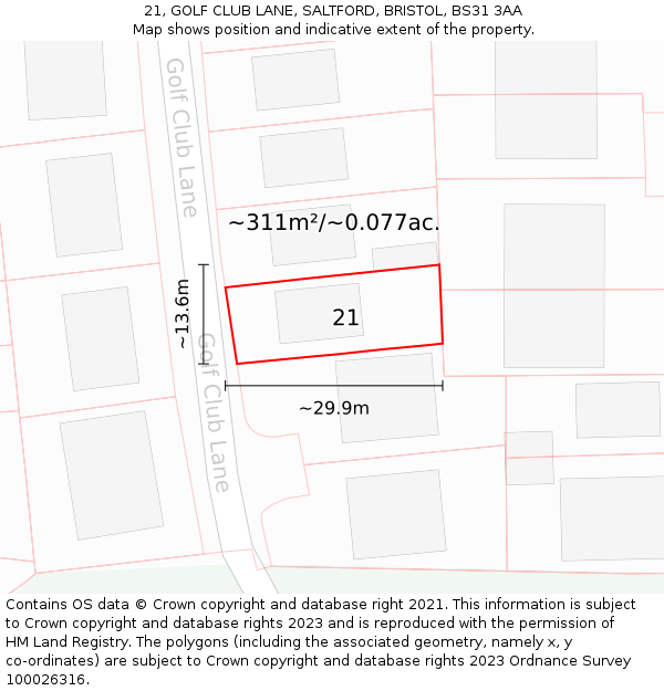 21, GOLF CLUB LANE, SALTFORD, BRISTOL, BS31 3AA: Plot and title map