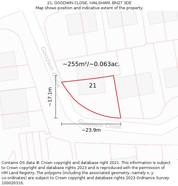 21, GOODWIN CLOSE, HAILSHAM, BN27 3DE: Plot and title map