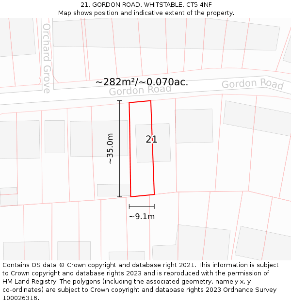 21, GORDON ROAD, WHITSTABLE, CT5 4NF: Plot and title map