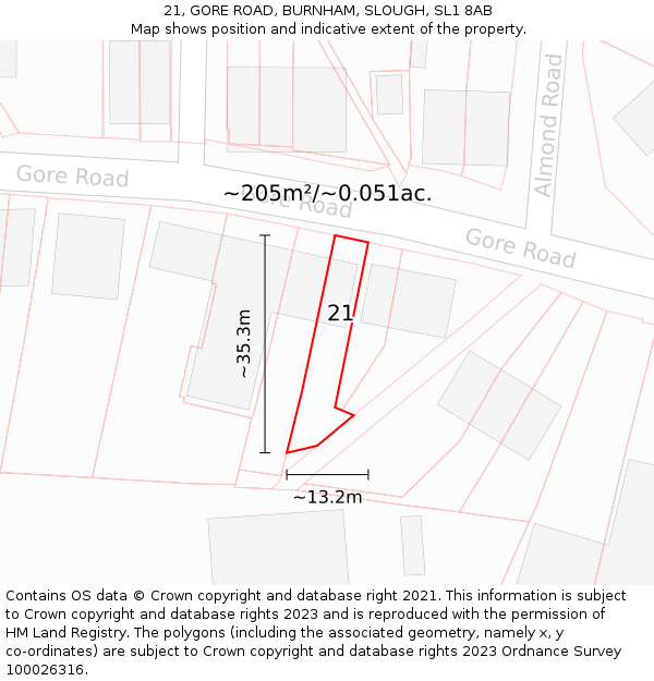 21, GORE ROAD, BURNHAM, SLOUGH, SL1 8AB: Plot and title map