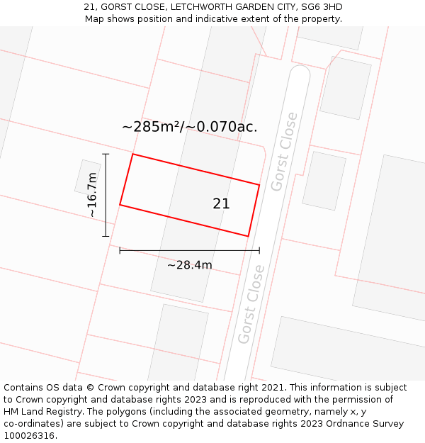 21, GORST CLOSE, LETCHWORTH GARDEN CITY, SG6 3HD: Plot and title map