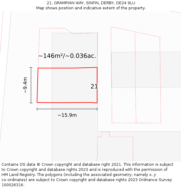 21, GRAMPIAN WAY, SINFIN, DERBY, DE24 9LU: Plot and title map