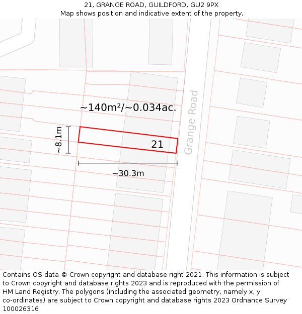 21, GRANGE ROAD, GUILDFORD, GU2 9PX: Plot and title map