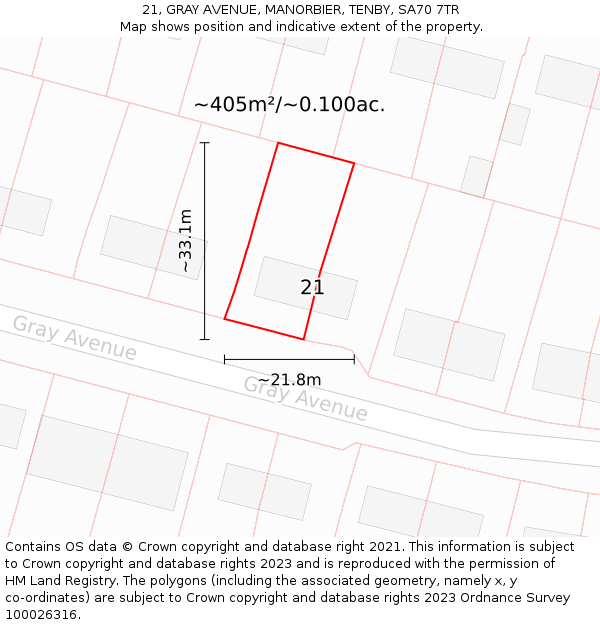 21, GRAY AVENUE, MANORBIER, TENBY, SA70 7TR: Plot and title map