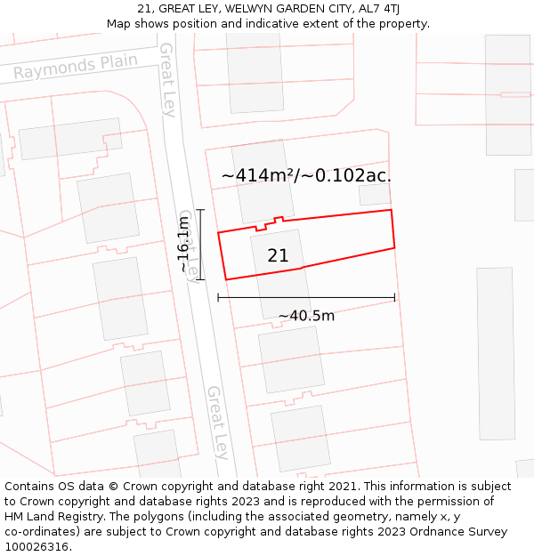 21, GREAT LEY, WELWYN GARDEN CITY, AL7 4TJ: Plot and title map