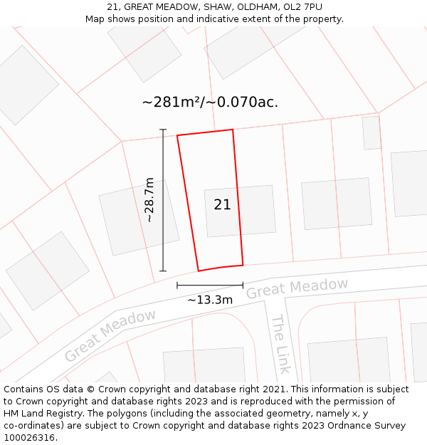21, GREAT MEADOW, SHAW, OLDHAM, OL2 7PU: Plot and title map