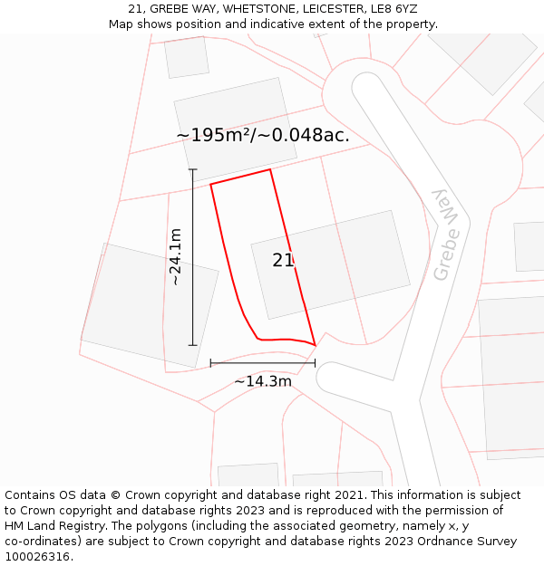 21, GREBE WAY, WHETSTONE, LEICESTER, LE8 6YZ: Plot and title map