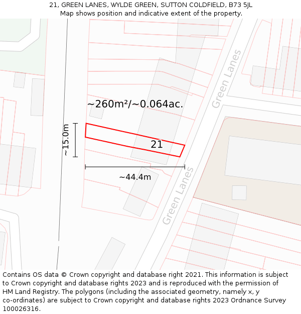 21, GREEN LANES, WYLDE GREEN, SUTTON COLDFIELD, B73 5JL: Plot and title map