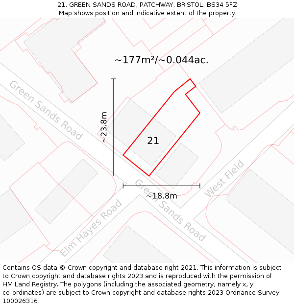 21, GREEN SANDS ROAD, PATCHWAY, BRISTOL, BS34 5FZ: Plot and title map