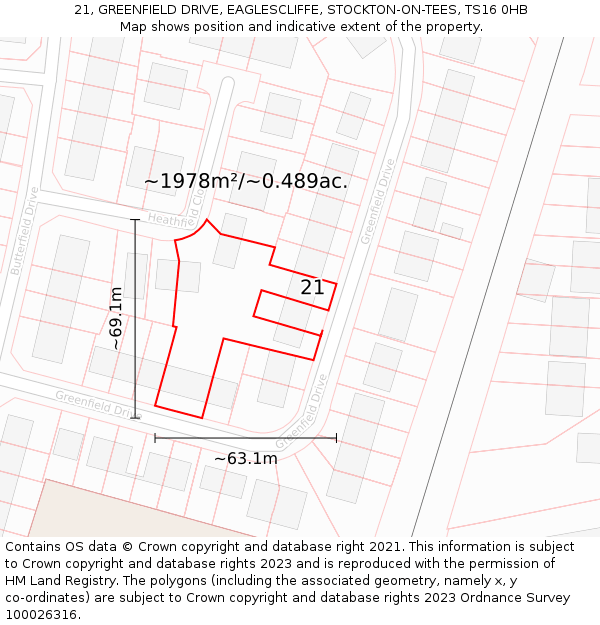 21, GREENFIELD DRIVE, EAGLESCLIFFE, STOCKTON-ON-TEES, TS16 0HB: Plot and title map