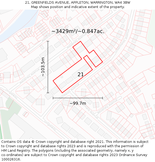 21, GREENFIELDS AVENUE, APPLETON, WARRINGTON, WA4 3BW: Plot and title map
