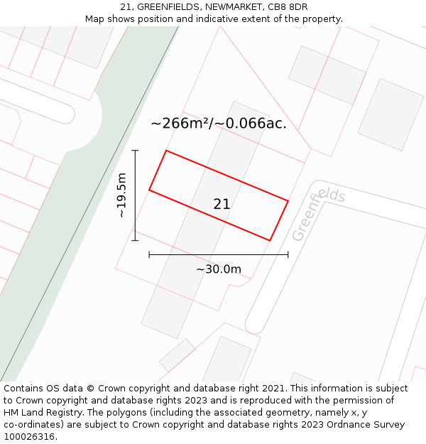 21, GREENFIELDS, NEWMARKET, CB8 8DR: Plot and title map