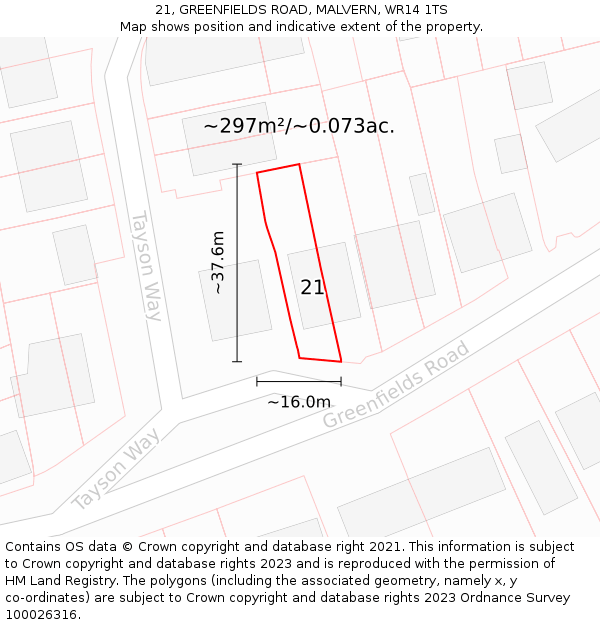 21, GREENFIELDS ROAD, MALVERN, WR14 1TS: Plot and title map