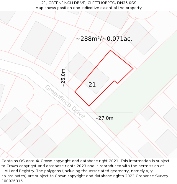 21, GREENFINCH DRIVE, CLEETHORPES, DN35 0SS: Plot and title map