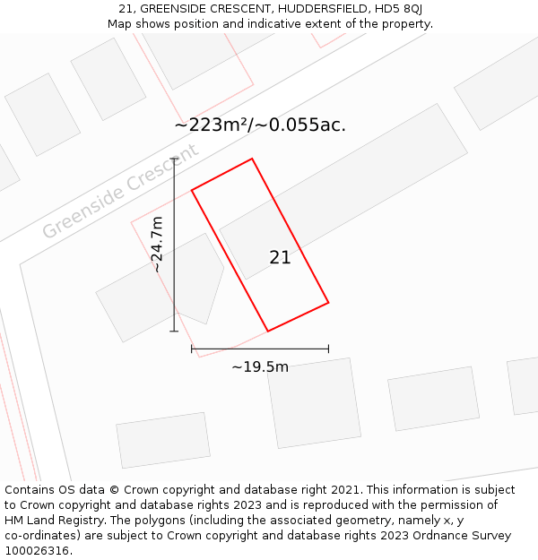 21, GREENSIDE CRESCENT, HUDDERSFIELD, HD5 8QJ: Plot and title map