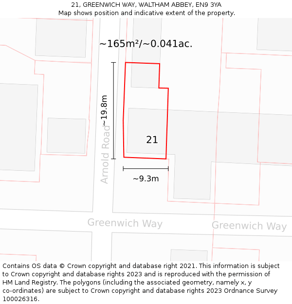 21, GREENWICH WAY, WALTHAM ABBEY, EN9 3YA: Plot and title map