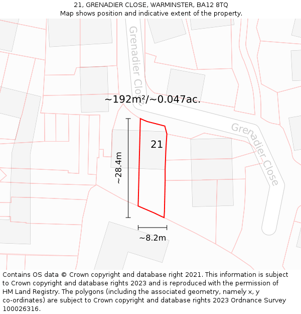 21, GRENADIER CLOSE, WARMINSTER, BA12 8TQ: Plot and title map