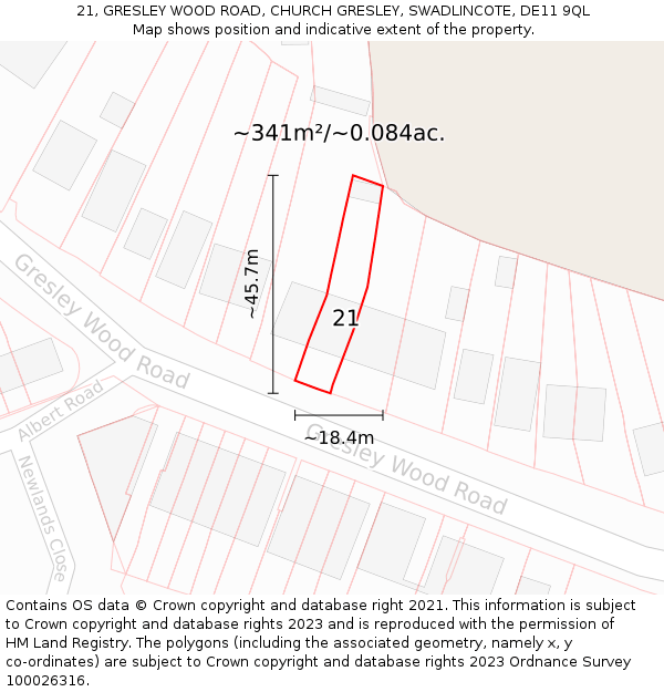 21, GRESLEY WOOD ROAD, CHURCH GRESLEY, SWADLINCOTE, DE11 9QL: Plot and title map