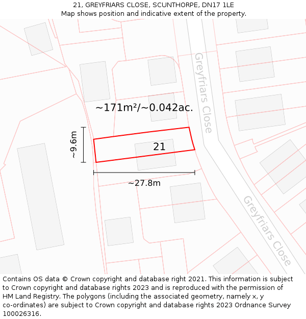 21, GREYFRIARS CLOSE, SCUNTHORPE, DN17 1LE: Plot and title map