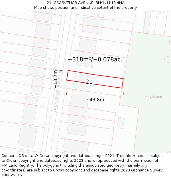 21, GROSVENOR AVENUE, RHYL, LL18 4HA: Plot and title map