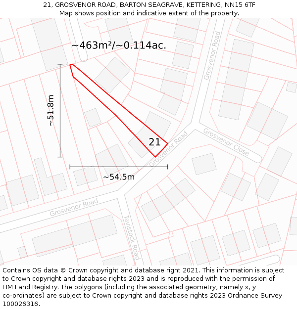 21, GROSVENOR ROAD, BARTON SEAGRAVE, KETTERING, NN15 6TF: Plot and title map