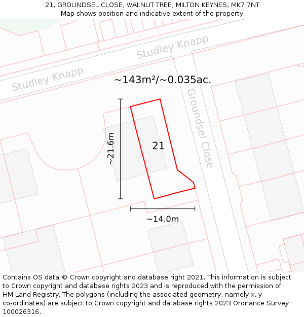 21, GROUNDSEL CLOSE, WALNUT TREE, MILTON KEYNES, MK7 7NT: Plot and title map
