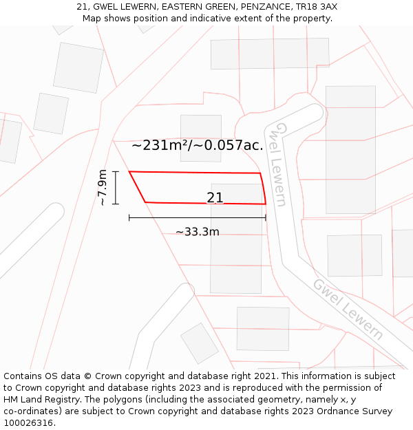 21, GWEL LEWERN, EASTERN GREEN, PENZANCE, TR18 3AX: Plot and title map