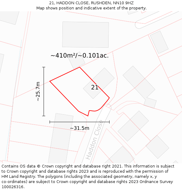 21, HADDON CLOSE, RUSHDEN, NN10 9HZ: Plot and title map