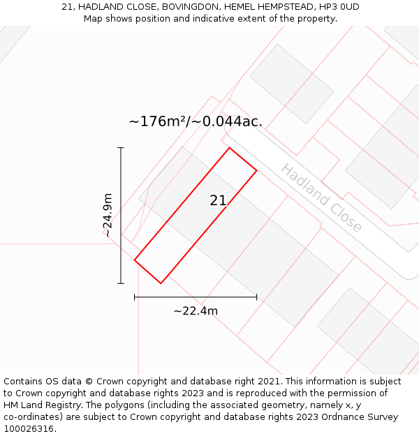 21, HADLAND CLOSE, BOVINGDON, HEMEL HEMPSTEAD, HP3 0UD: Plot and title map