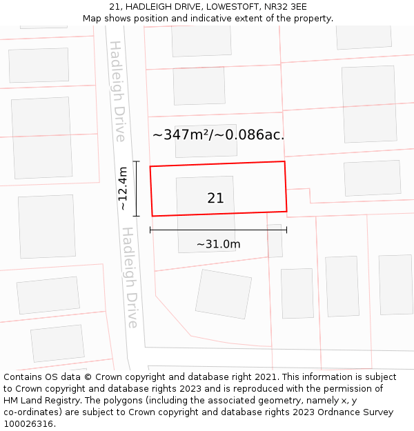 21, HADLEIGH DRIVE, LOWESTOFT, NR32 3EE: Plot and title map