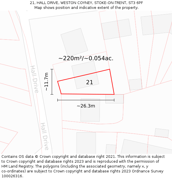 21, HALL DRIVE, WESTON COYNEY, STOKE-ON-TRENT, ST3 6PF: Plot and title map