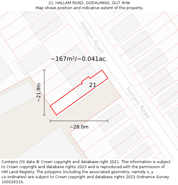 21, HALLAM ROAD, GODALMING, GU7 3HW: Plot and title map