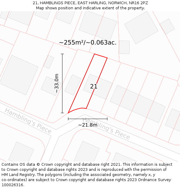 21, HAMBLINGS PIECE, EAST HARLING, NORWICH, NR16 2PZ: Plot and title map