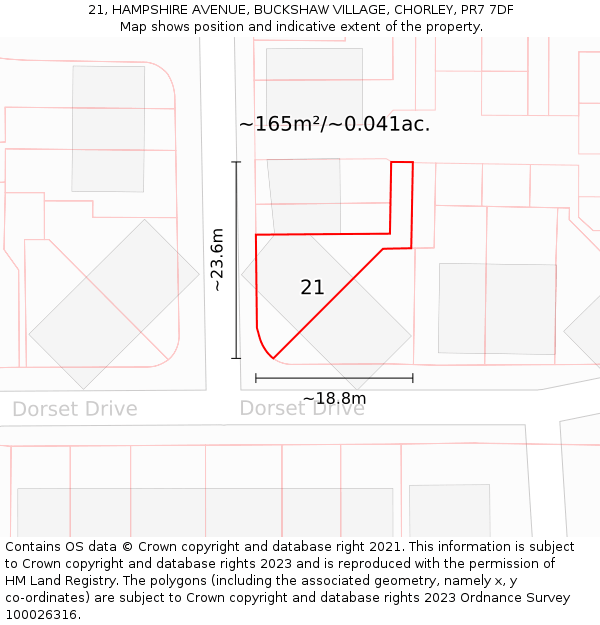 21, HAMPSHIRE AVENUE, BUCKSHAW VILLAGE, CHORLEY, PR7 7DF: Plot and title map