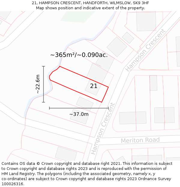 21, HAMPSON CRESCENT, HANDFORTH, WILMSLOW, SK9 3HF: Plot and title map