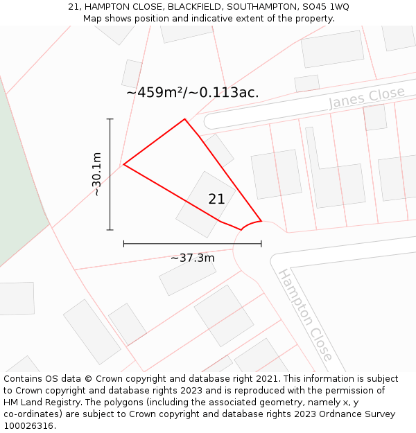 21, HAMPTON CLOSE, BLACKFIELD, SOUTHAMPTON, SO45 1WQ: Plot and title map