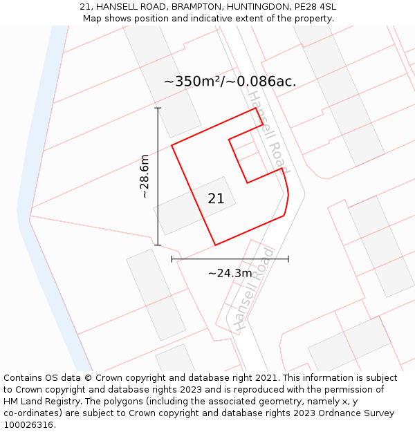 21, HANSELL ROAD, BRAMPTON, HUNTINGDON, PE28 4SL: Plot and title map