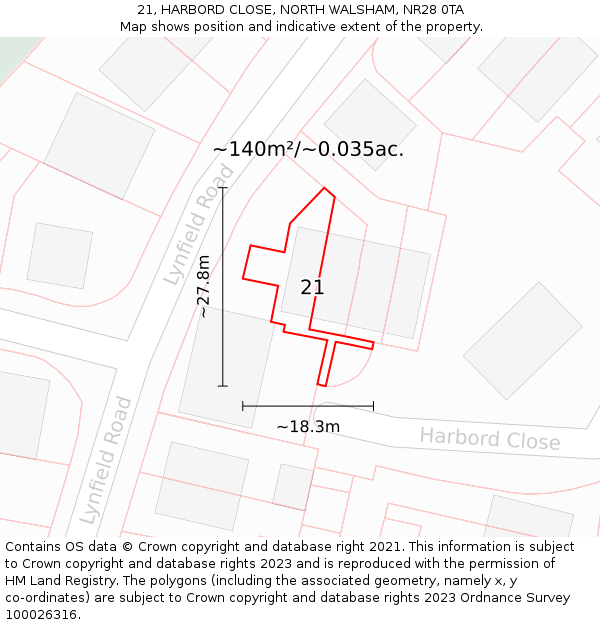 21, HARBORD CLOSE, NORTH WALSHAM, NR28 0TA: Plot and title map