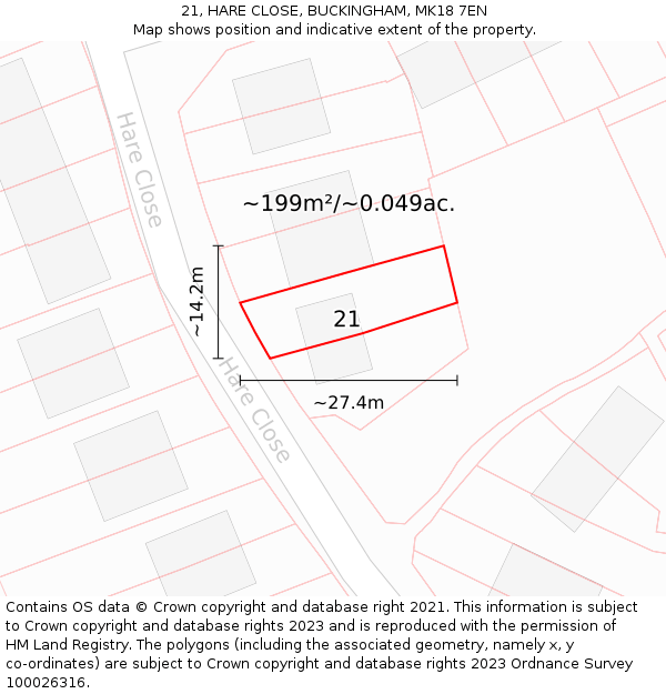 21, HARE CLOSE, BUCKINGHAM, MK18 7EN: Plot and title map